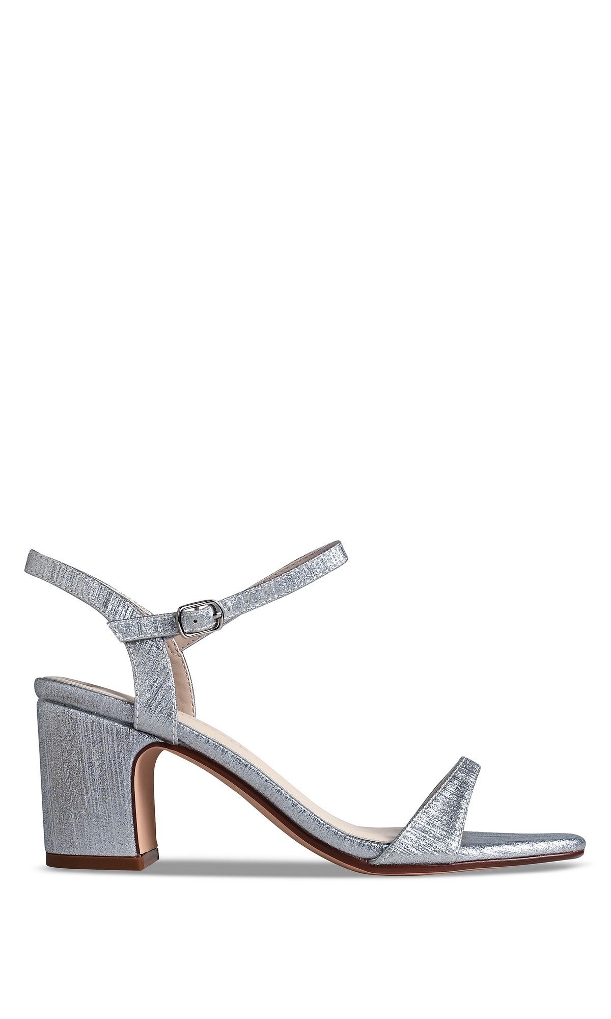 The True Silver Prom Shoes: Touch Ups 4768 are silver open-toe block heels with a thin ankle strap and buckle closure, featuring a chic design ideal for special occasions, shown on a white background.